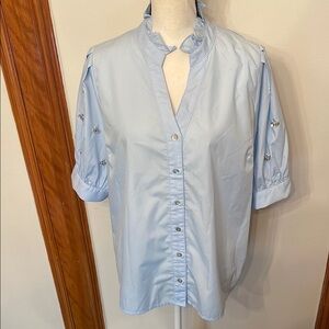Entro Santa Maria Blue 3/4 Sleeve Button Down Blouse with Mandarin Collar